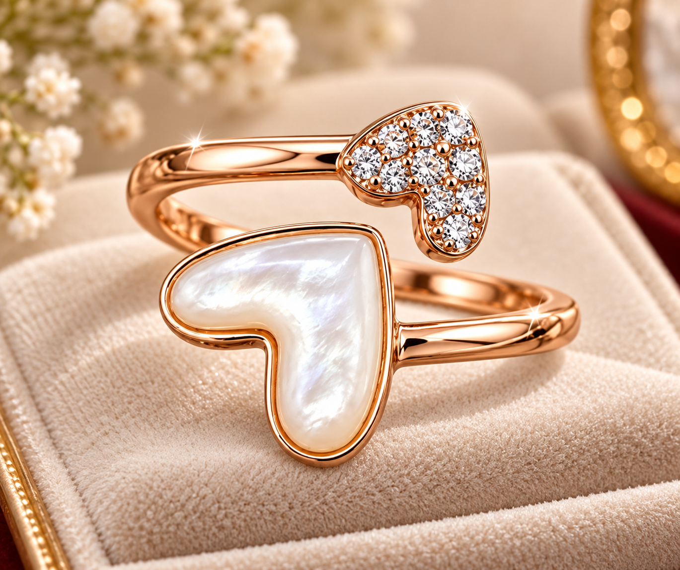 Pearl and Crystal Heart Bypass Ring